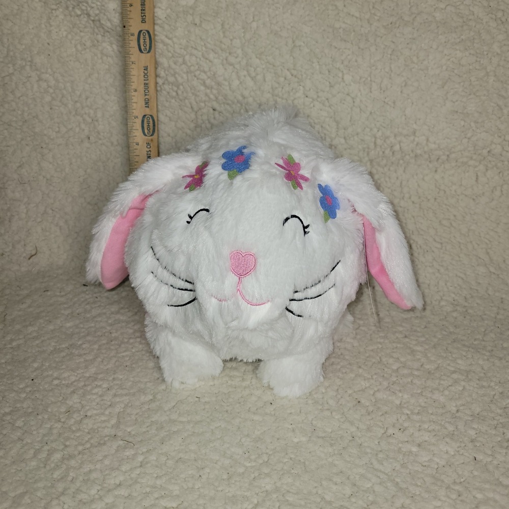 HUG ME White Plush Bunny Rabbit‎ Coin Bank Embroidered Flowers Pink Ears 7 inch